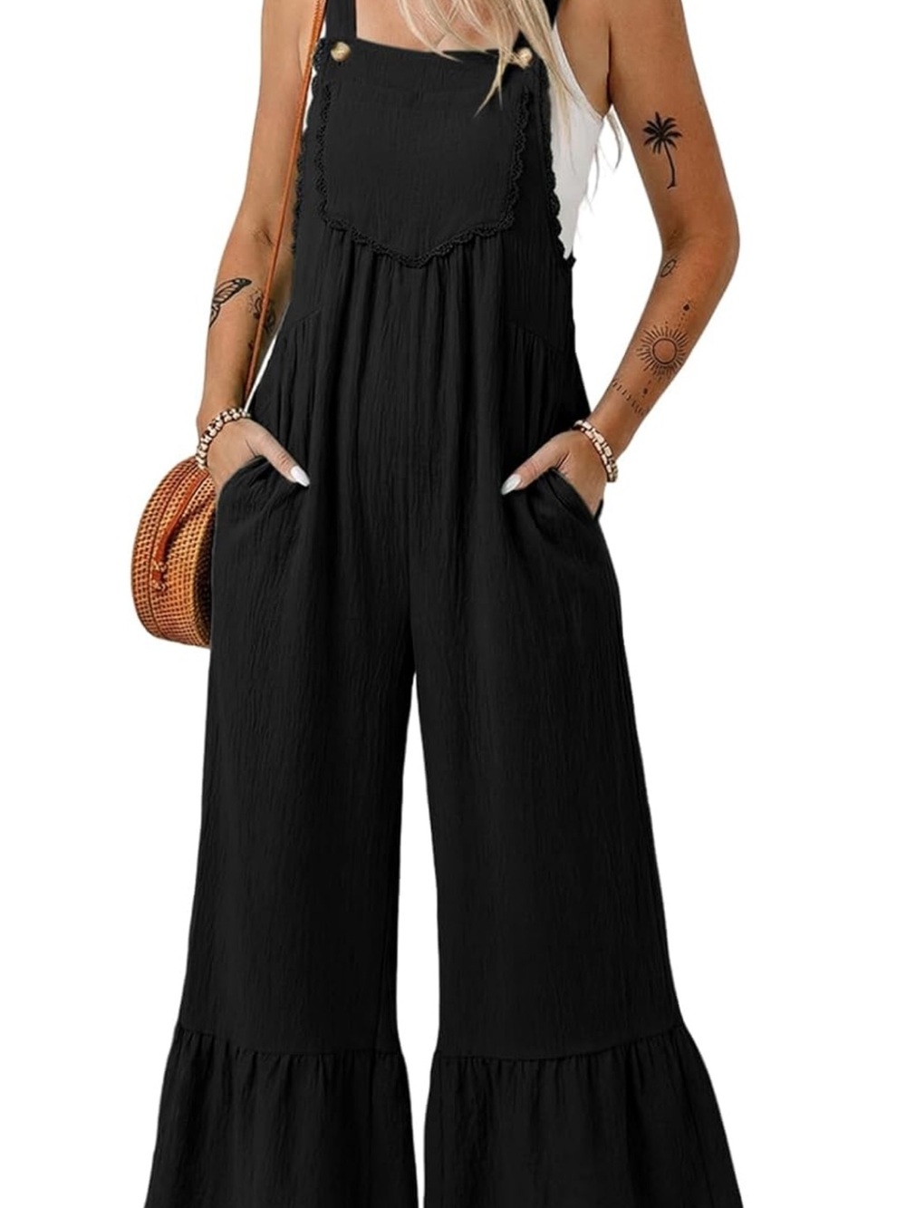 Black Wide-Leg Cotton Blend Jumpsuit Overalls